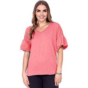 New Neon Buddha Large Palm Springs Top Tee Ruffle Short Sleeve Coral Pink Cotton